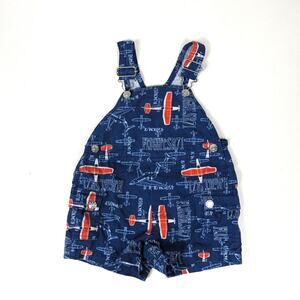 Vtg KRU Shortalls Baby Boys Sz 12m Blue Airplane Print Overalls Y2K
